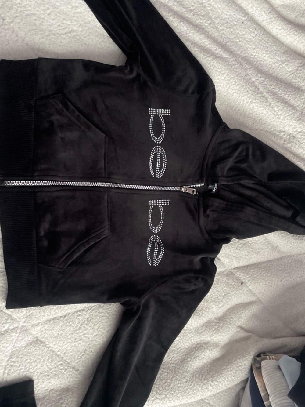 bebe Black Rhinestone Logo Zip-Up Hoodie Jacket